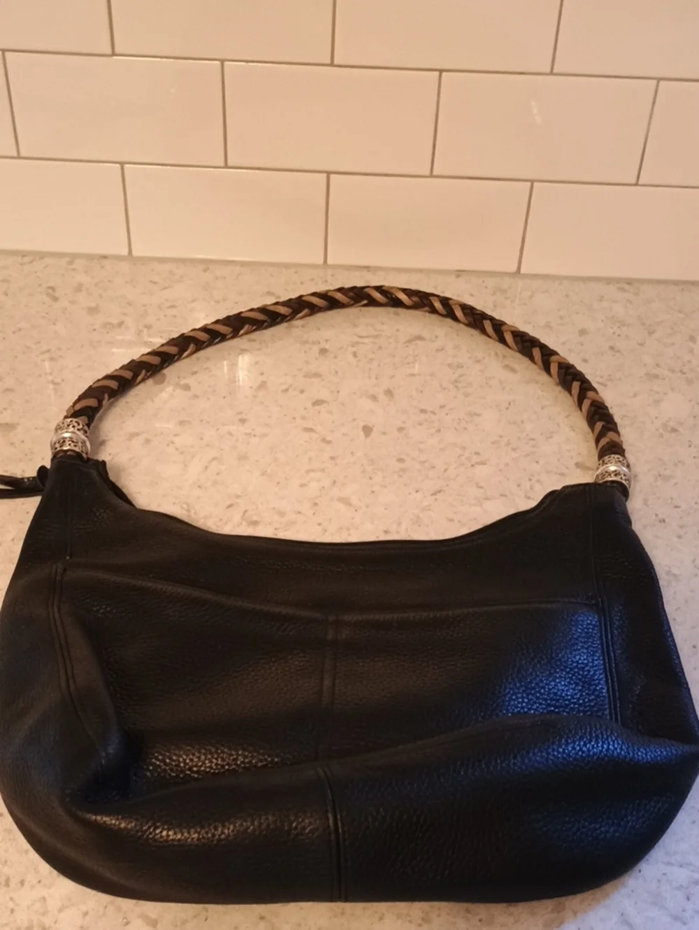 Brighton Black Pebbled Leather Barbados Zip Up Hobo Bag with Braided Strap